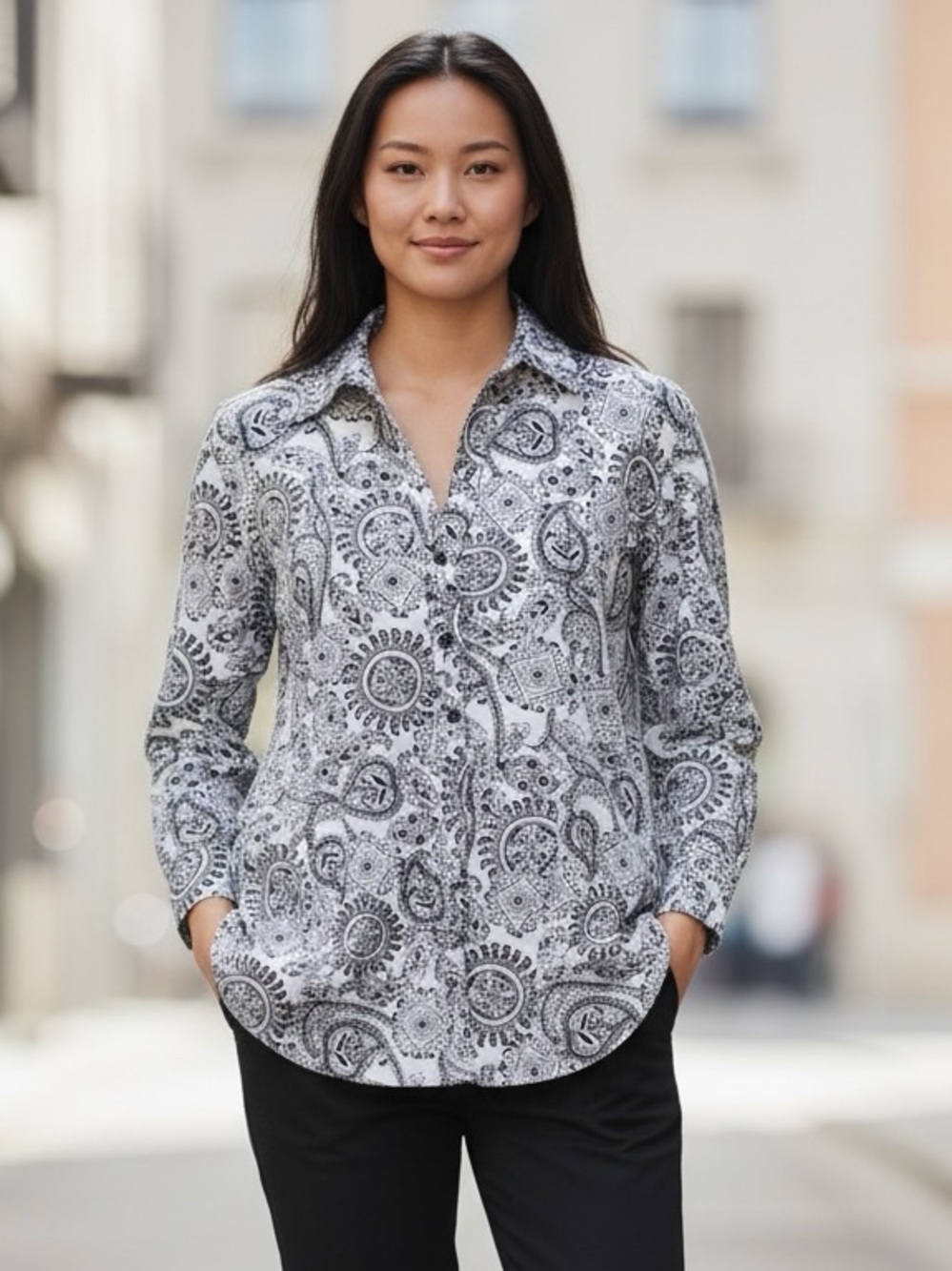 Essentials by Milano Black & White Knit Paisley Button-Down Shirt L